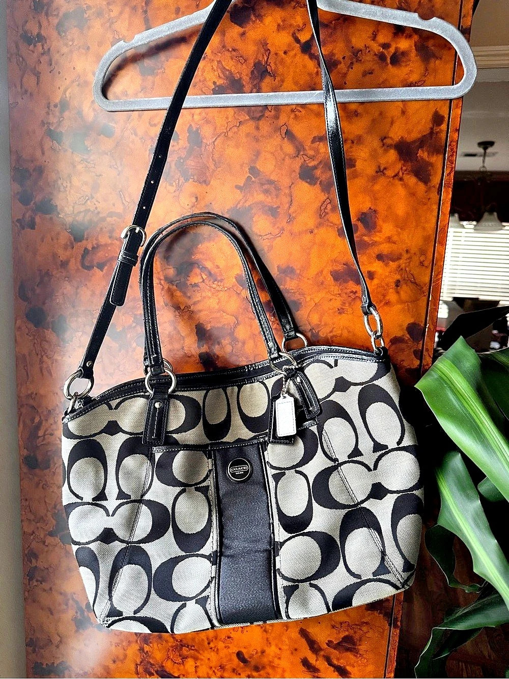 Coach Signature Stripe Tote Black & Off White